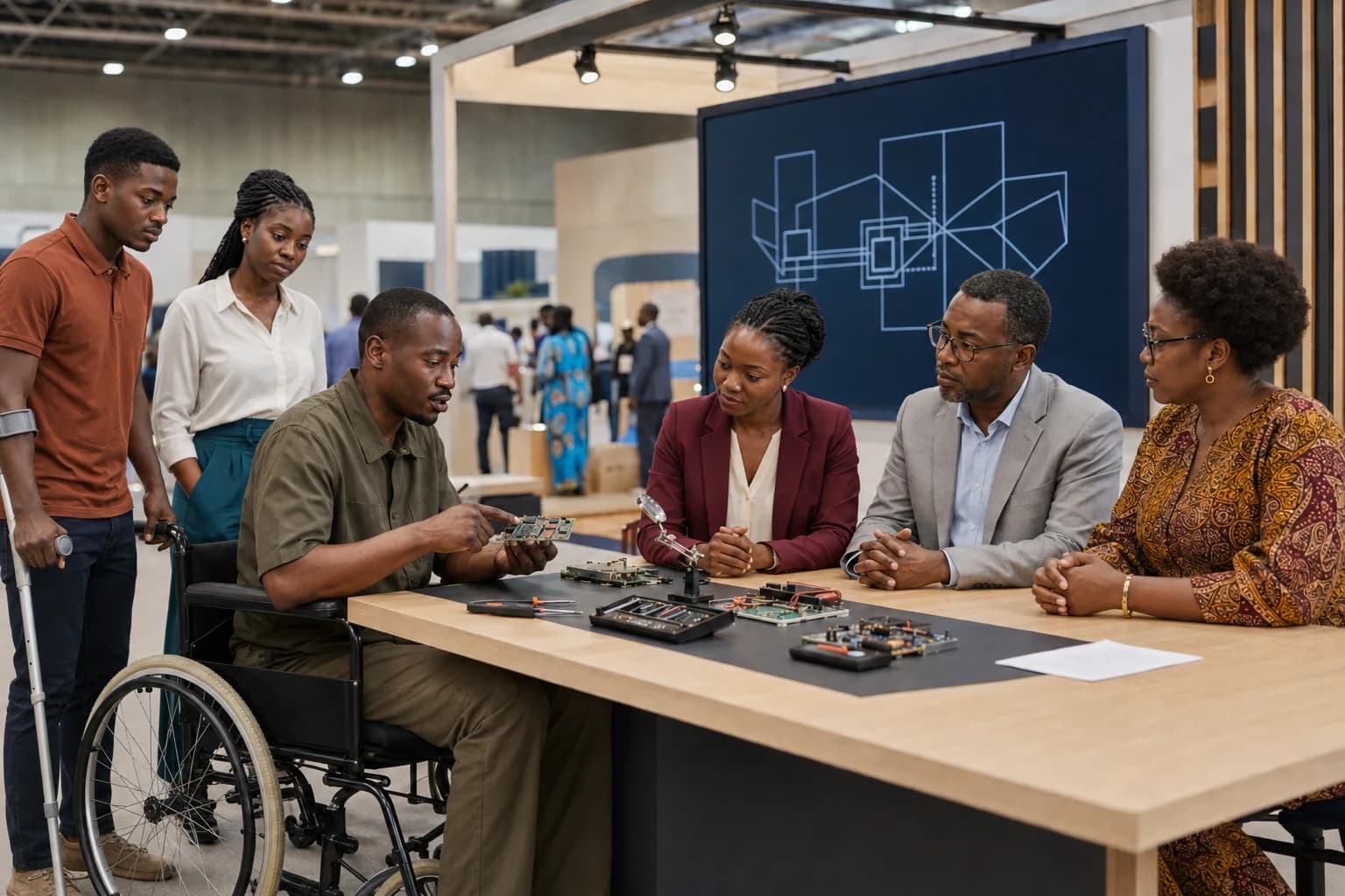 Illustration : présentation d’un projet technique devant un jury, avec des visiteurs en situation de handicap